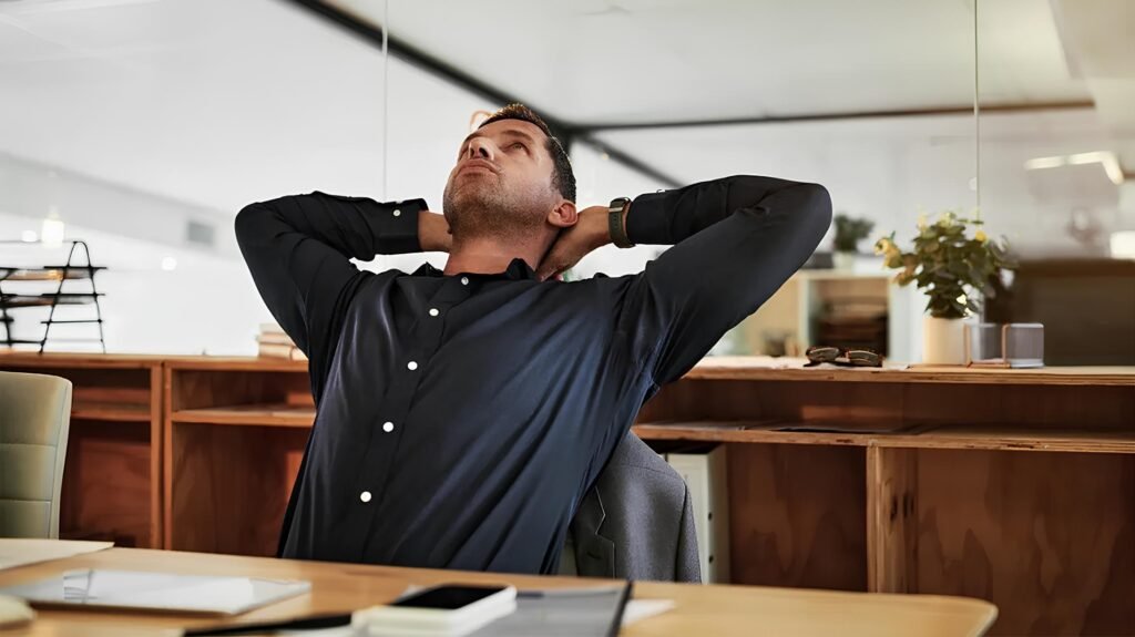 A professional standing and stretching at their desk in an office setting.